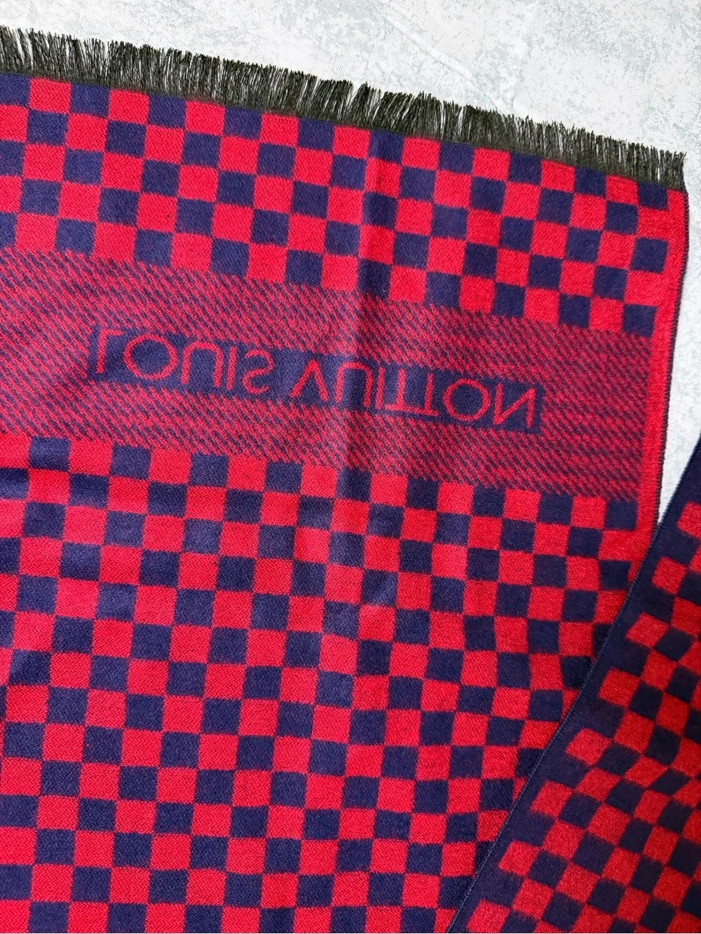 Louis Vuitton red/blue checkerboard scarf - Picture 3 of 5
